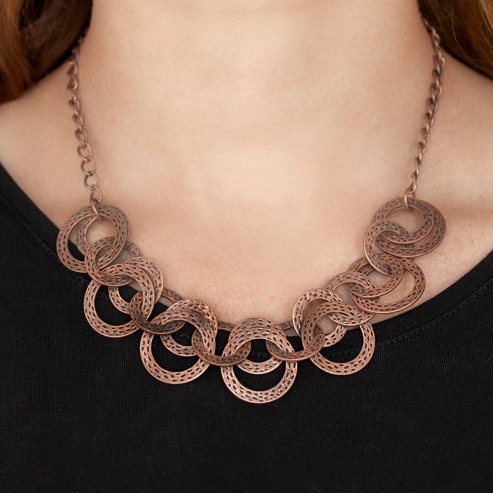 Copper-Tone Textured Interlocking Ring Necklace